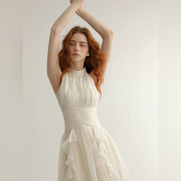 SINCETHEN Timeless Sleeveless Cream Ruffled Tiered Maxi Midi Dress S XS Bridal - Picture 7 of 16